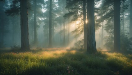 Obraz premium Sun Rays Illuminating Misty Forest Floor with Lush Green Grass