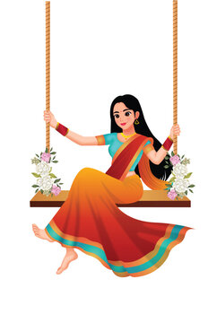 Beautiful Indian Woman Enjoy On Swing Vector Illustration (Royalty Free)