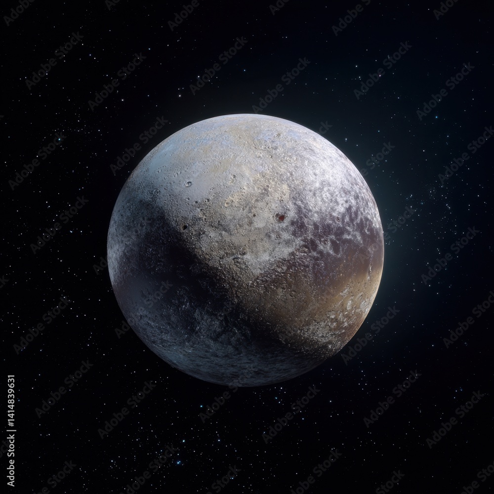 Poster distant planet with craters and textures in the vast expanse of space against a backdrop of stars