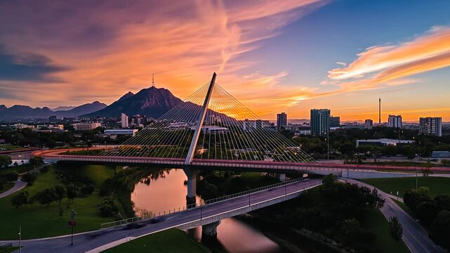 Stunning Sunset Over the City and Cable-Stayed Bridge, Monterrey Mexico