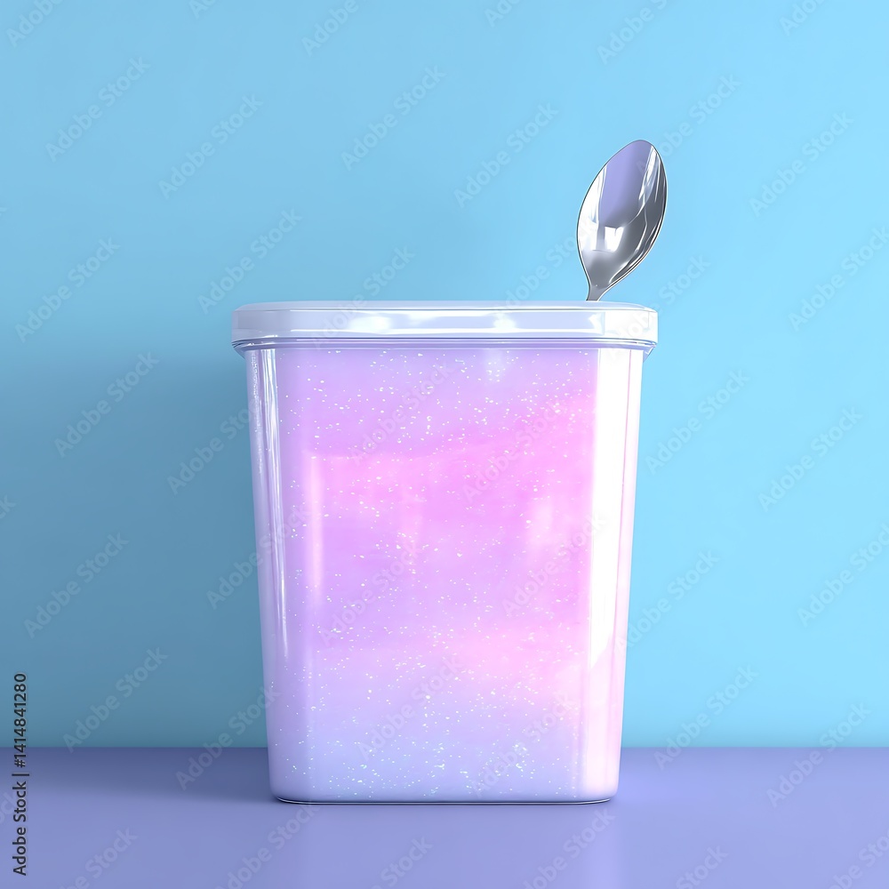 Poster luminous container with silver spoon resting on top set against a light blue background 3d render