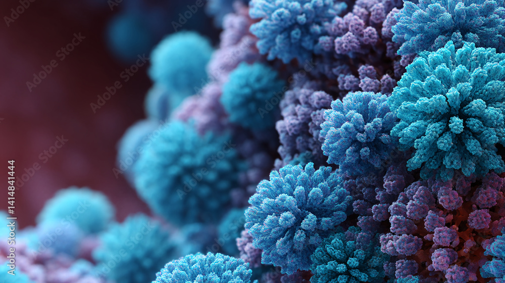 Poster close-up of textured blue and purple formations resembling abstract floral clusters, evoking complex