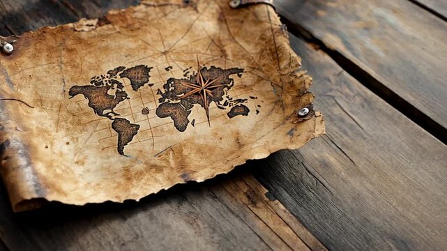 Antique world map on weathered wood surface, showcasing intricate details and compass rose