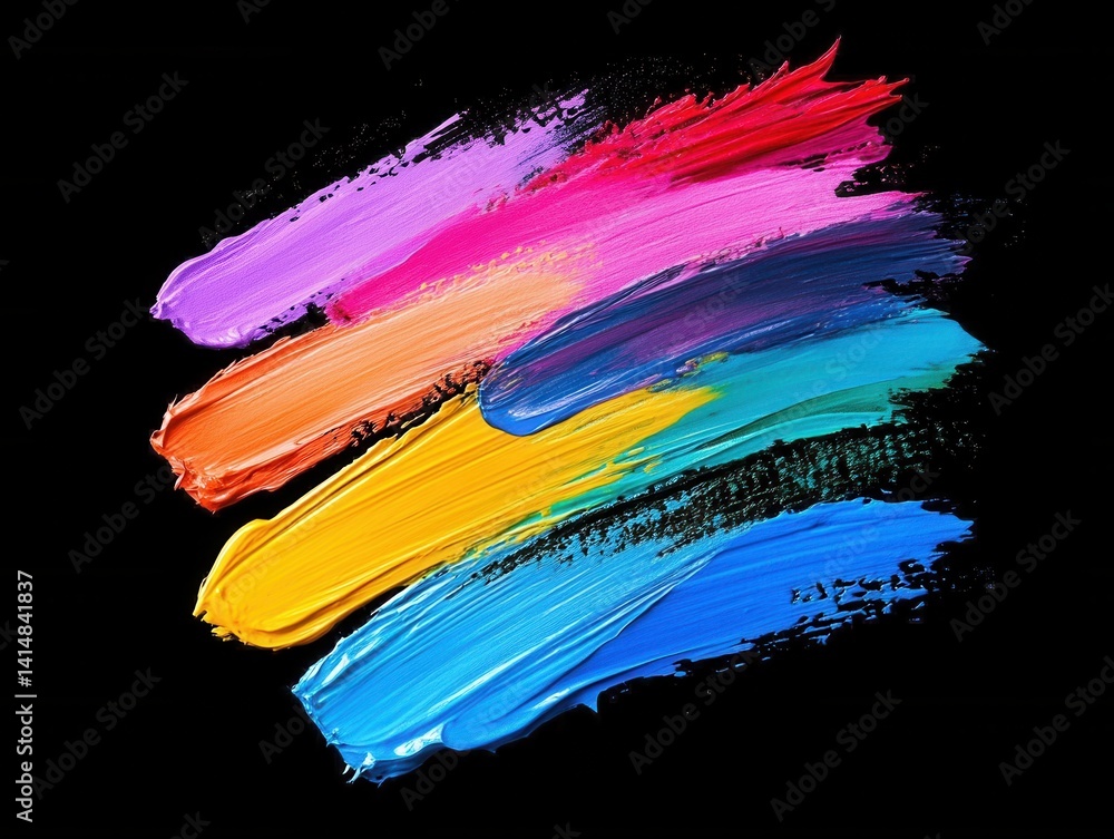 Poster vibrant strokes of acrylic paint on a black canvas creating a colorful and dynamic abstract expressi