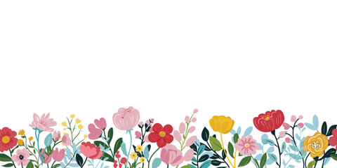 Collection of spring colorful flower elements vector. Floral boarder of wildflower, leaf branch, foliage on white background. Hand drawn blossom illustration for decor, easter, sticker, clipart
