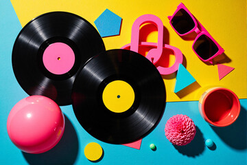 Playful retro 80s/90s inspired flat lay still life. Features vinyl records, chunky pink chain, sunglasses, and pop objects arranged on a vibrant yellow, teal, and pink geometric background