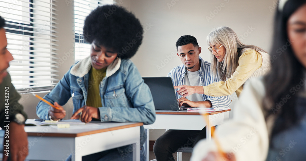 Aufkleber classroom, teacher and helping student with laptop for online lesson, education support or assignmen