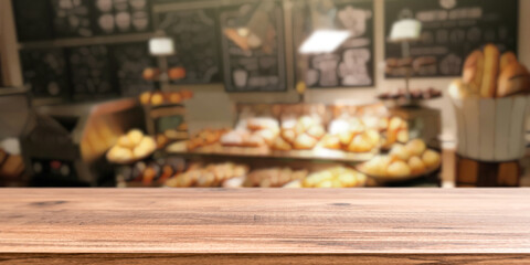 Wooden tabletop with blurred bakery interior and fresh bread shelves in background for product mockup