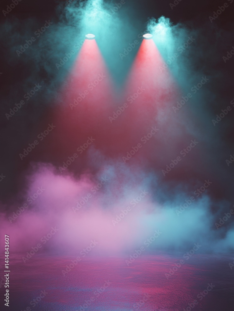 Poster enigmatic stage illuminated by twin spotlights with ethereal smoke creating a mesmerizing ambiance a