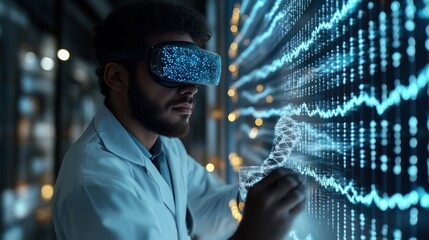 Scientist in Virtual Reality Analyzing DNA and Data Streams for Biotechnology Research