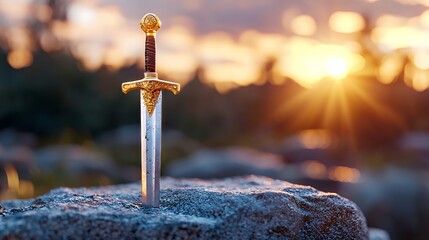 Medieval sword in stone historical fantasy sunset scene