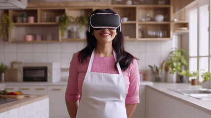 Portrait of smiling woman standing in modern kitchen, wearing VR headset and apron, engaging in virtual experience, surrounding by kitchen appliances and furniture, looking directly at camera