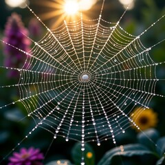 Spider web sparkling with dew in a colorful garden