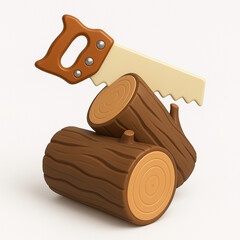 3D icon of saw and wood cutting, isolated white background
