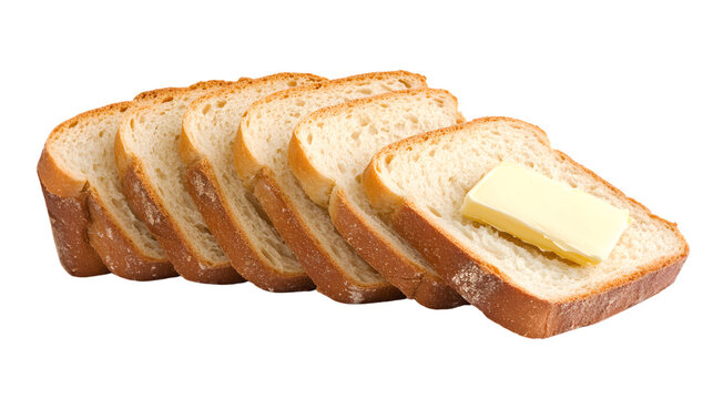 Freshly sliced bread with creamy butter on a white background