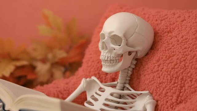 Skeleton reading a book while sitting down motion video. Halloween-themed stock footage with copy space for learning or education projects. Relaxed skeleton clip.