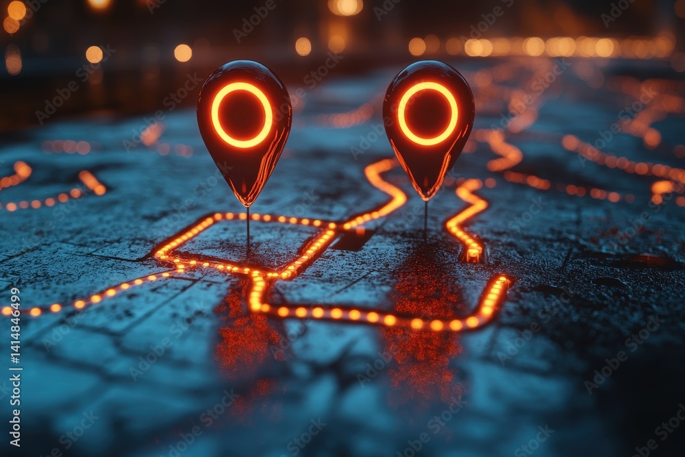 Poster digital navigation markers illuminate a city map at night, highlighting routes and pathways for trav