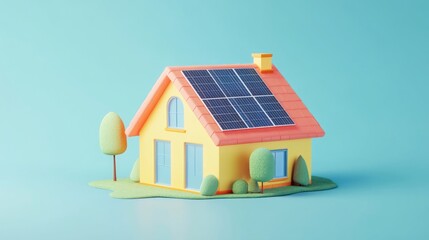 Cartoon house with solar panels, trees, and a pastel background.