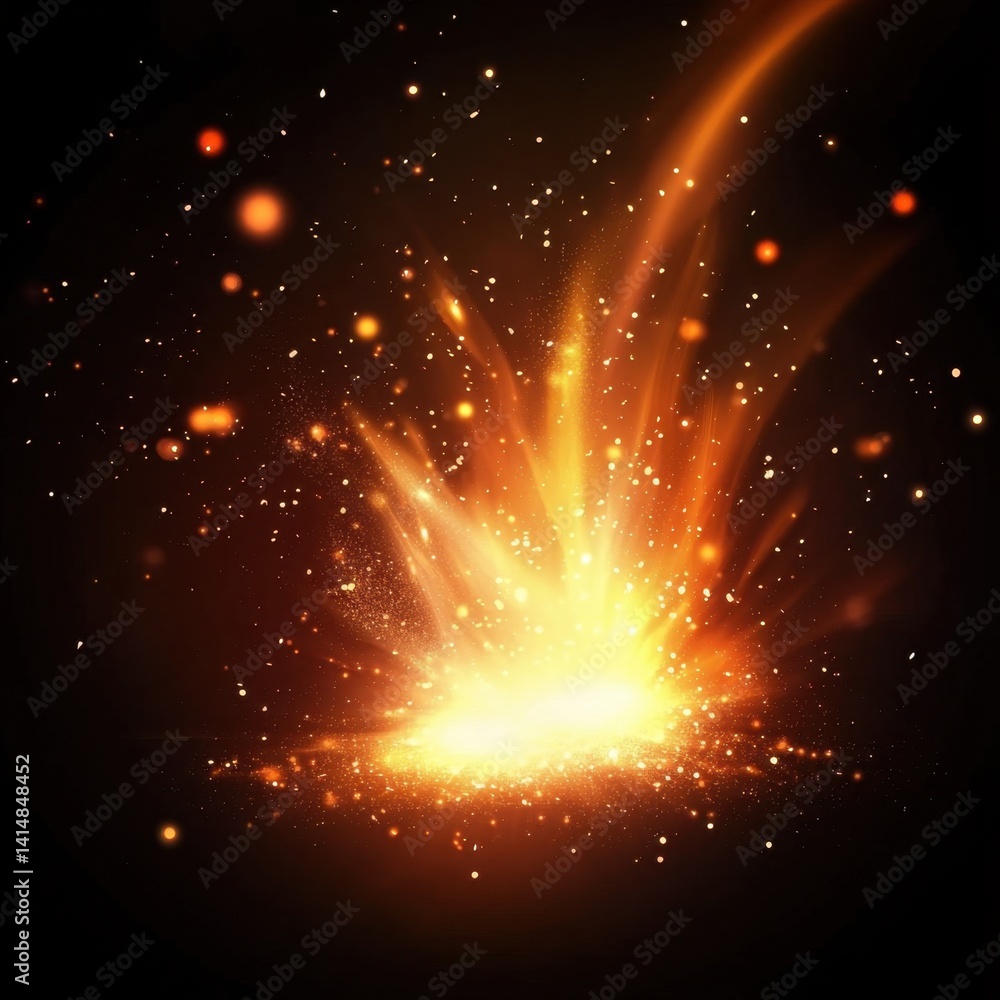 Poster ethereal burst of golden light and sparkling particles against a dark backdrop creating a magical at