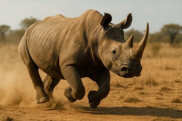 Fototapeta premium White rhinoceros running in the african savanna raising dust