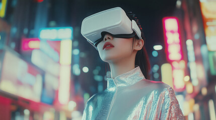 Young Caucasian woman enjoying virtual reality, surrounded by neon lights in nighttime urban scene. Virtual reality headset highlighting technology and immersion in digital world