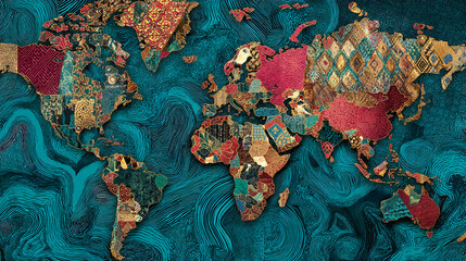 World map textured with colorful fabric patterns on teal background, showcasing global connectivity and cultural diversity, ideal for travel or textile design