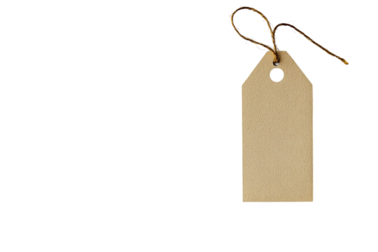 Isolated blank kraft paper tag. Rustic string is tied in a loop, set against a plain transparent background