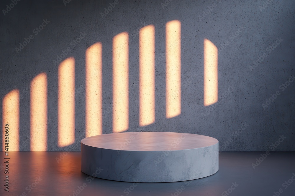 Poster marble podium presentation stone visual concept. minimalist setting with light patterns on a texture