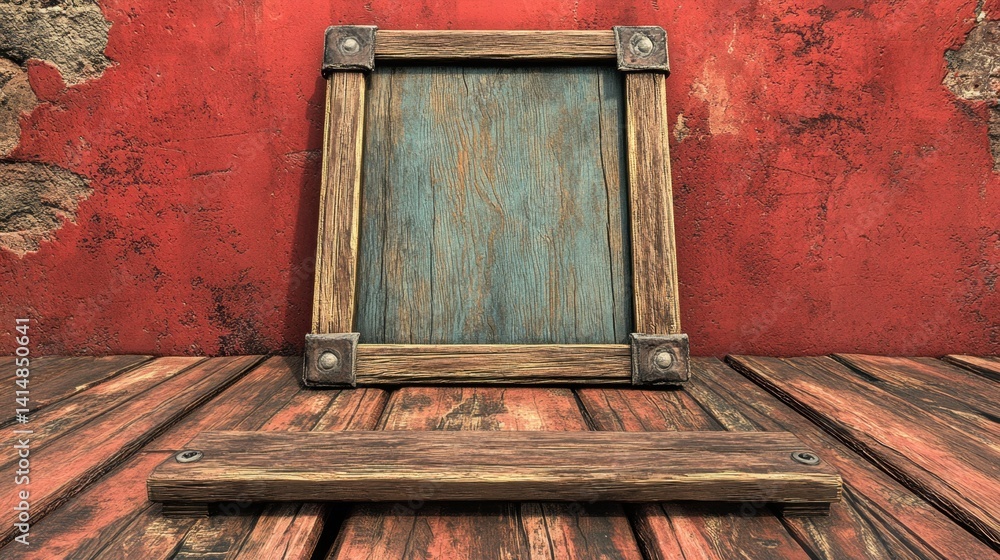 Poster rustic wooden frame on weathered red wall with wooden platform for product display or message board