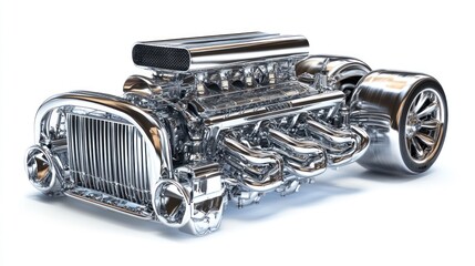 Chrome hot rod with exposed engine, classic car design, isolated on white background.