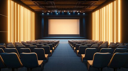 Naklejka premium A movie theater with a large screen and rows of chairs