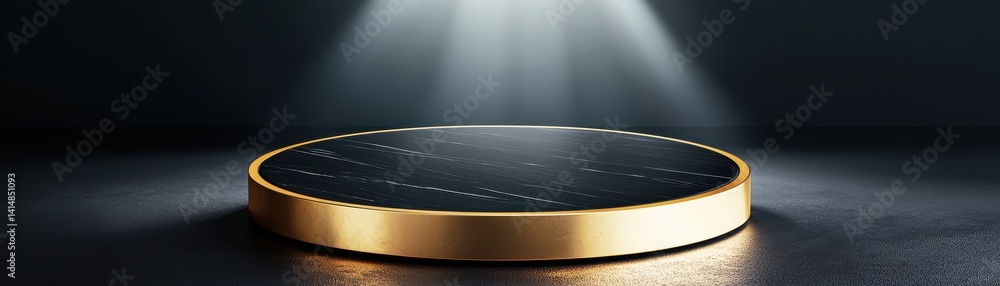 Poster marble podium presentation stone visual concept. shiny circular platform illuminated by focused beam