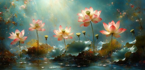 A painting of a pond with five pink flowers