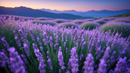 Fototapeta premium Lavender Field Blooming at Dusk with Mountains in the Background