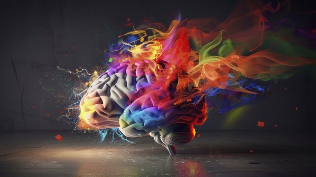 Human brain unleashing creativity and ideas, symbolized by vibrant, colorful energy bursting forth from the cerebrum