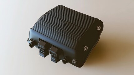 Close-up of a black rectangular electric vehicle battery pack with cooling fins and connectors.