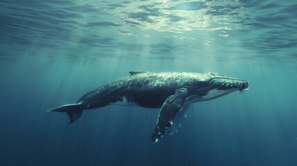 Obraz premium Majestic Whale Swimming Underwater with Light Rays - A Serene and Detailed Marine Scene