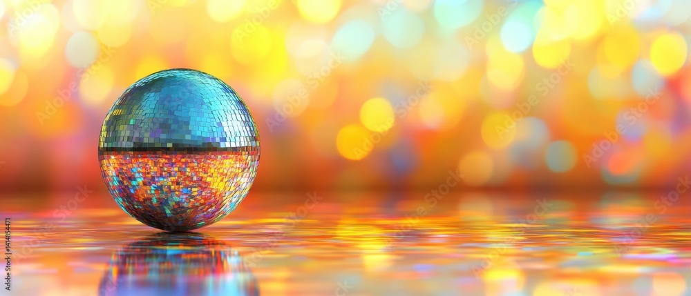 Poster sparkling disco ball on vibrant reflective surface creating a festive atmosphere with bokeh lights a
