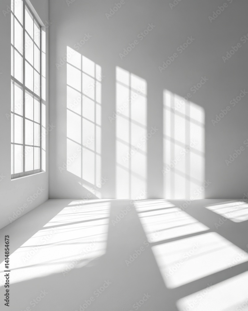 Poster minimalist white room interior with sunlight streaming through window creating geometric shadow patt