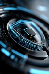 Futuristic glowing shield icon representing cybersecurity and IT protection, surrounded by digital padlocks, encryption, and firewall elements with blue data flow lines and a clean high-tech interface