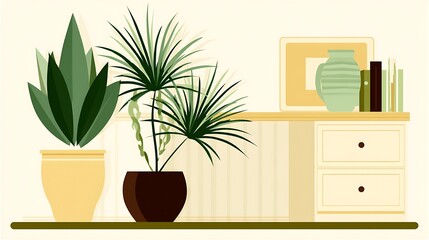 Potted Plants Near Desk with Books and a Vase Simplistic Indoor Scene Composition Art Style.