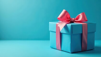 Obraz premium Blue gift box with ribbon bow, Father's Day present , blue, festive, flat lay