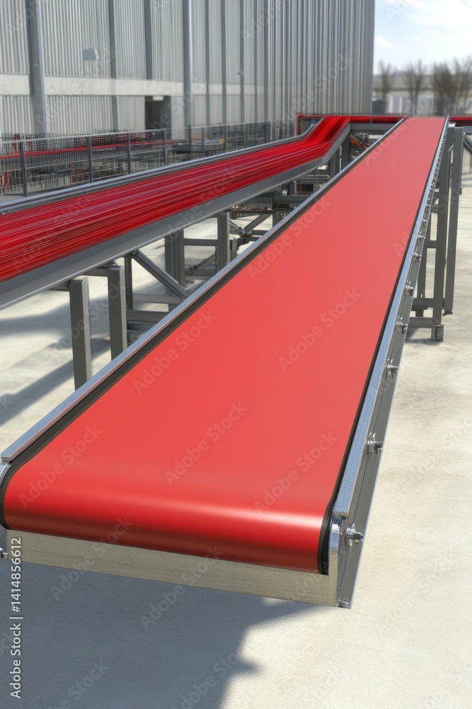 Poster elevated red conveyor belt system in industrial setting showcasing automation and efficiency for log