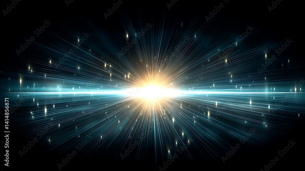 Poster radiant burst of light emanating from a central point guiding through space and time visual design