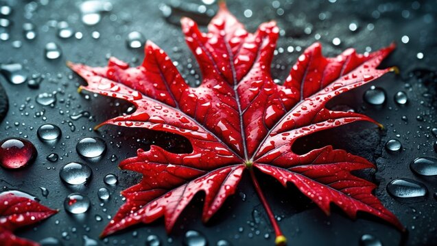 Wet Red Maple Leaf on Dark Stone with Water Droplets - Powered by Adobe