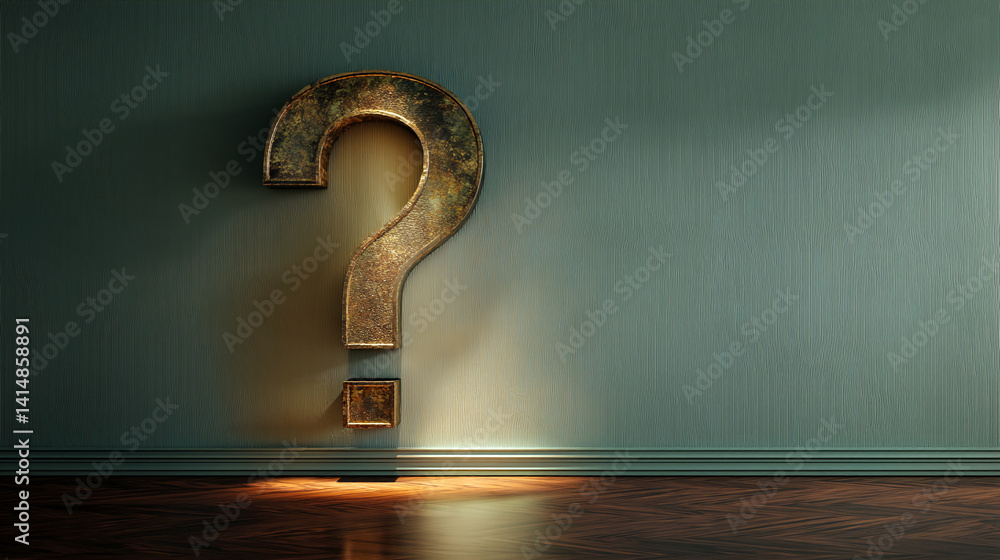 Aufkleber Large metallic question mark on teal wall, hardwood floor, illuminated from below, creating an intriguing and mysterious atmosphere, perfect for concepts of inquiry, uncertainty, or problem-solving