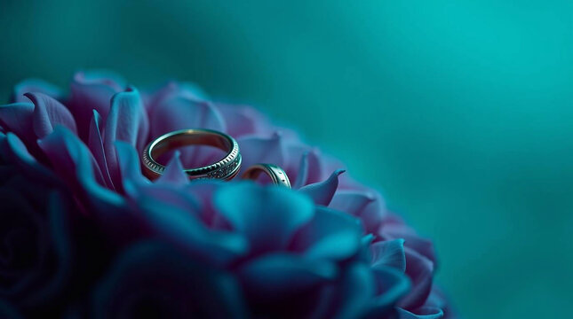 Modern flat design, dramatic cinematic style, rich deep teal, close-up of wedding rings on flowers, copy space, luxurious and vibrant, film-like composition, simple shapes, symbolizing love and commit