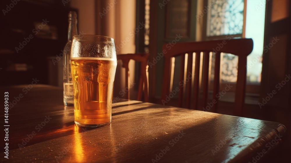 Poster golden beer in a glass on a wooden table with chairs and a bottle creating a warm and inviting atmos