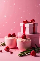 Heart-shaped gift boxes, raspberry cake, berries, rosemary, dried flowers Pink background Valentine's Day , raspberry cake, dessert, pretty