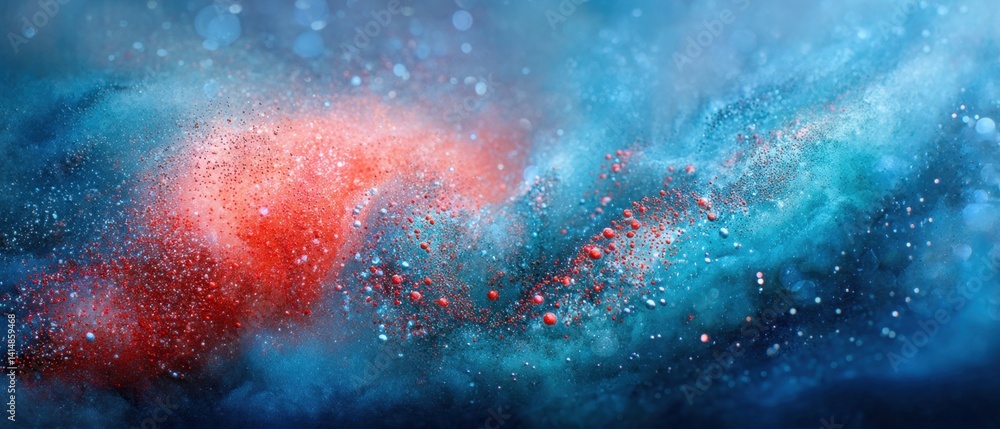 Poster mesmerizing macro photography revealing vibrant red and turquoise pigments in an abstract fluid art 